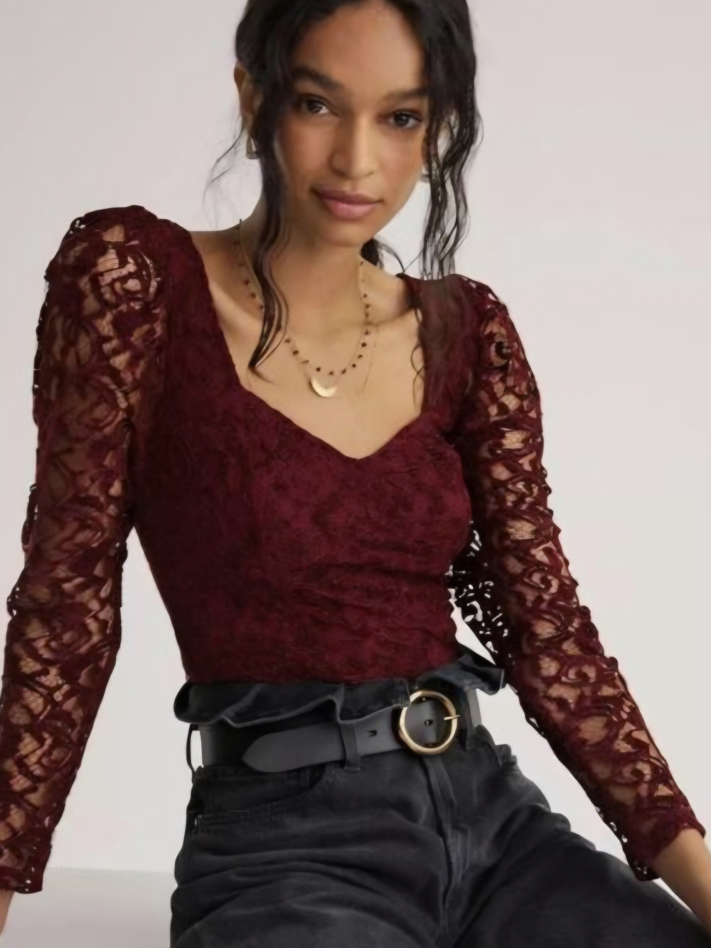 Anthropologie Burgundy Lace Sweetheart Puff-Sleeve Top